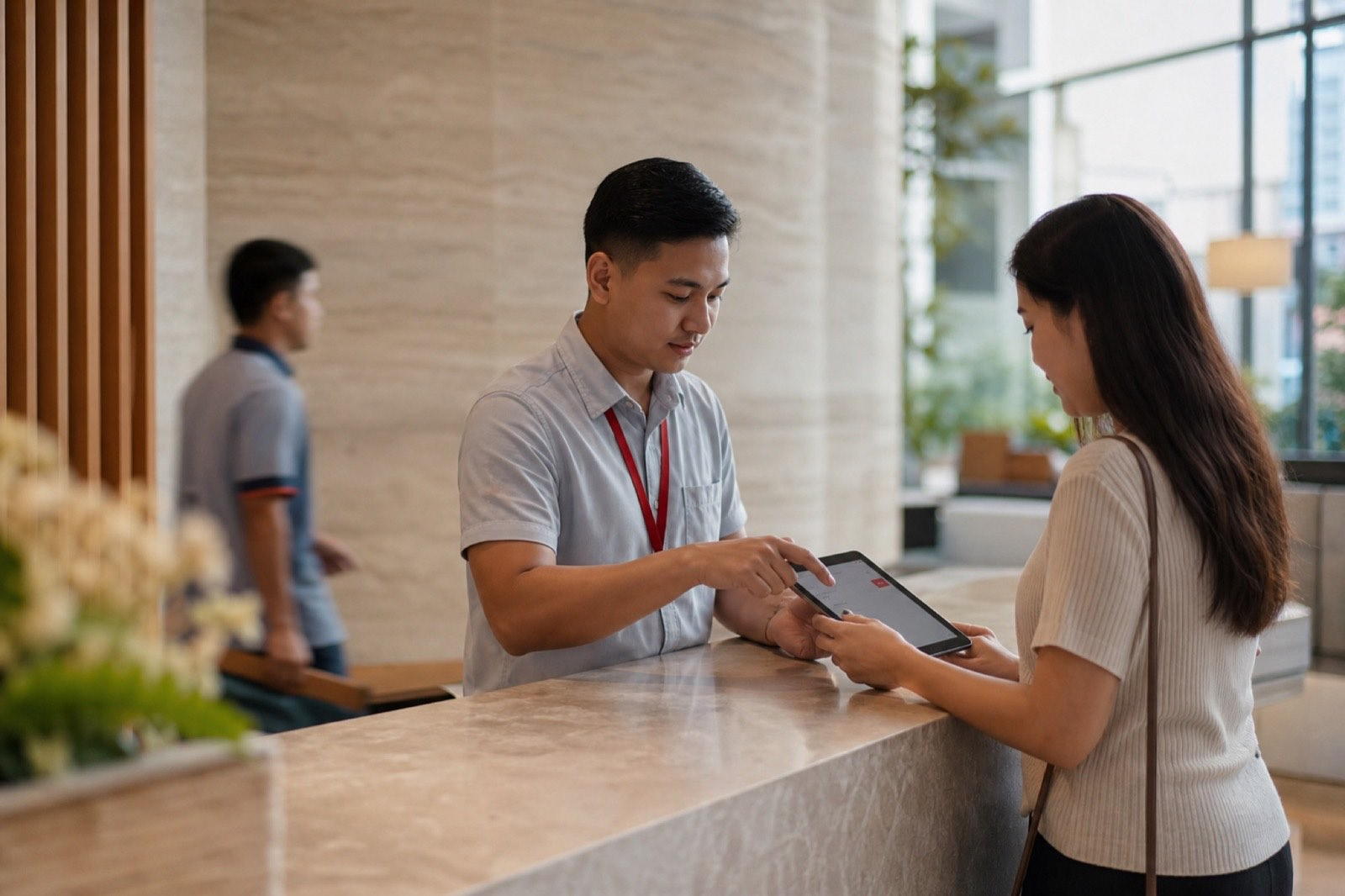 A building administrator helping a resident