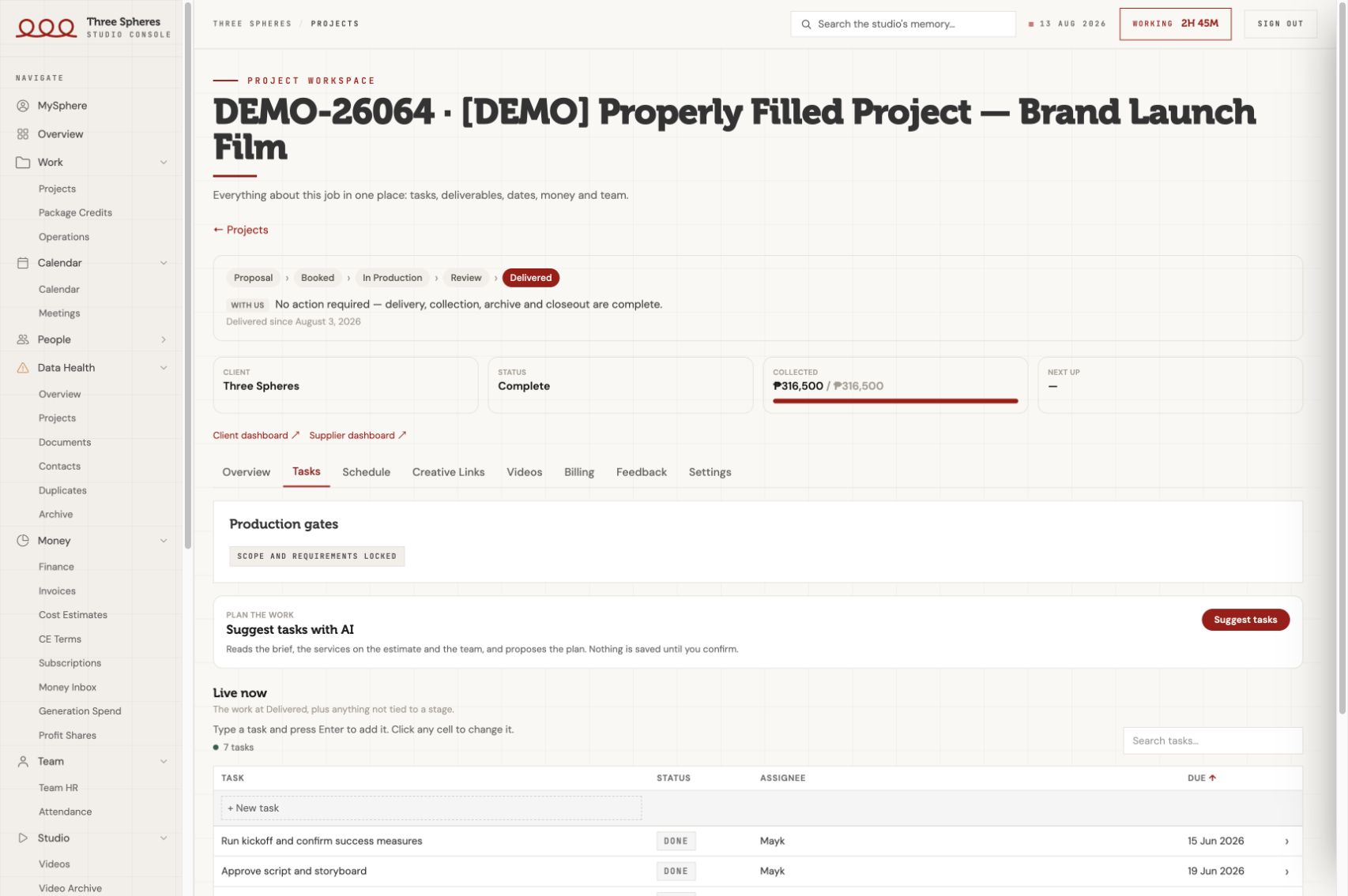 Full Three Spheres project tasks page with sidebar