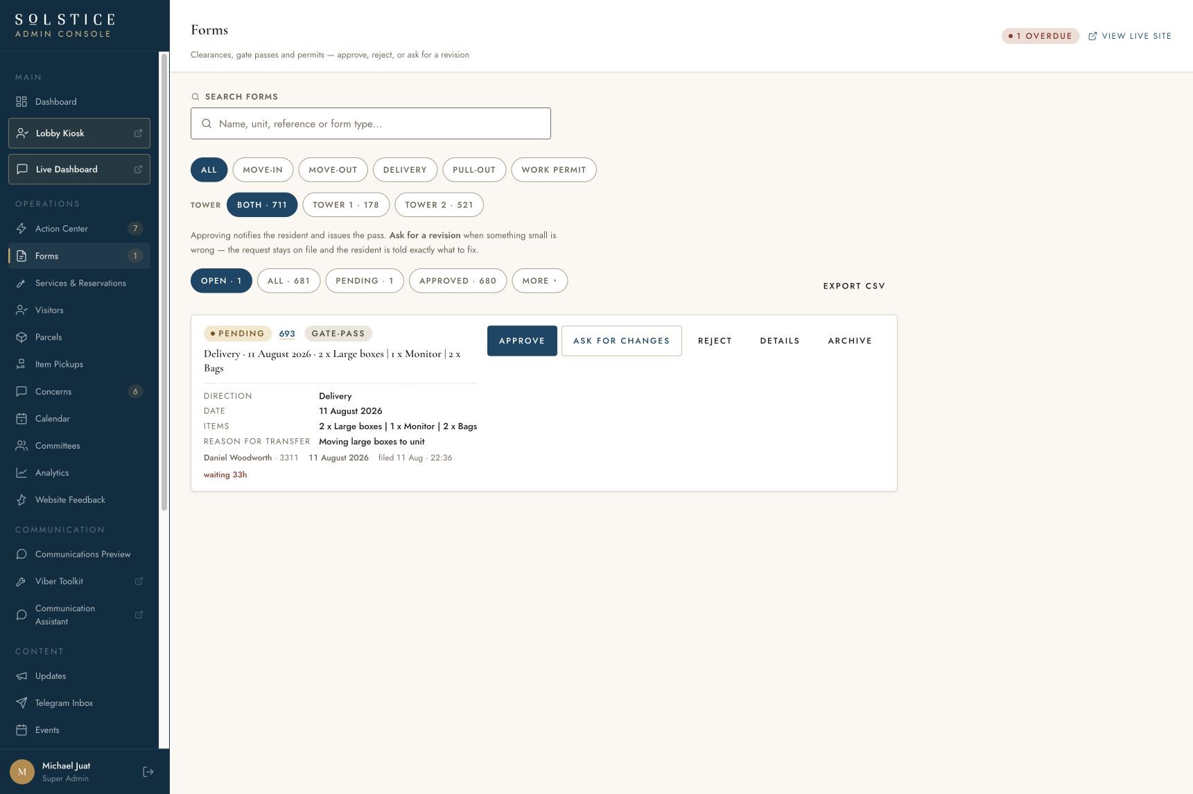 Solstice live dashboard with live forms and operational activity