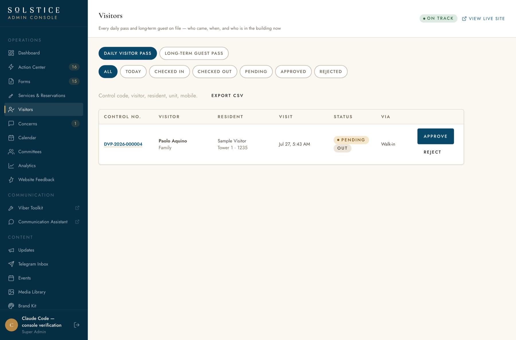 Full Solstice visitor operations page with sidebar