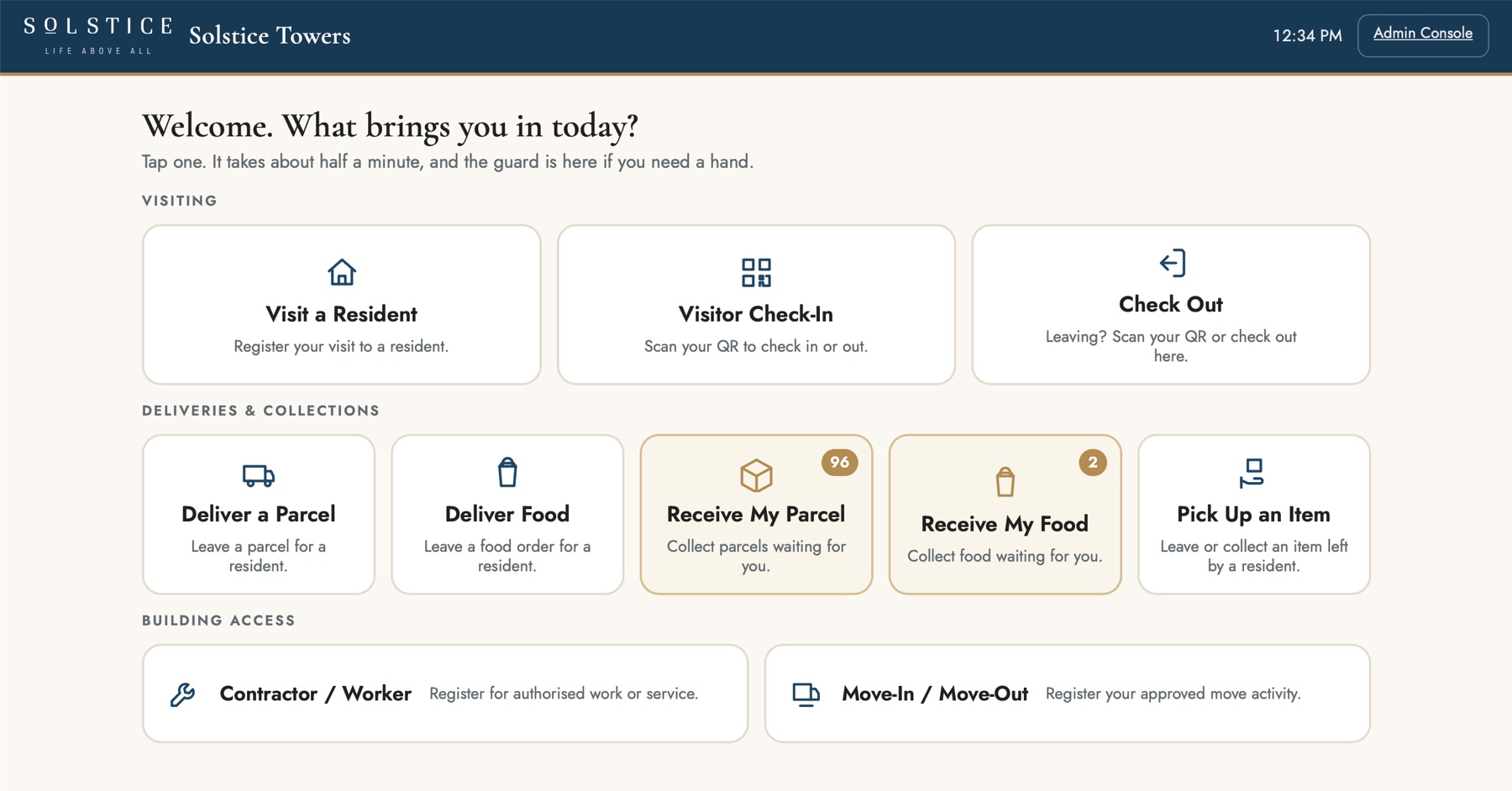 The Solstice lobby kiosk home screen, with every visiting, delivery and building-access option