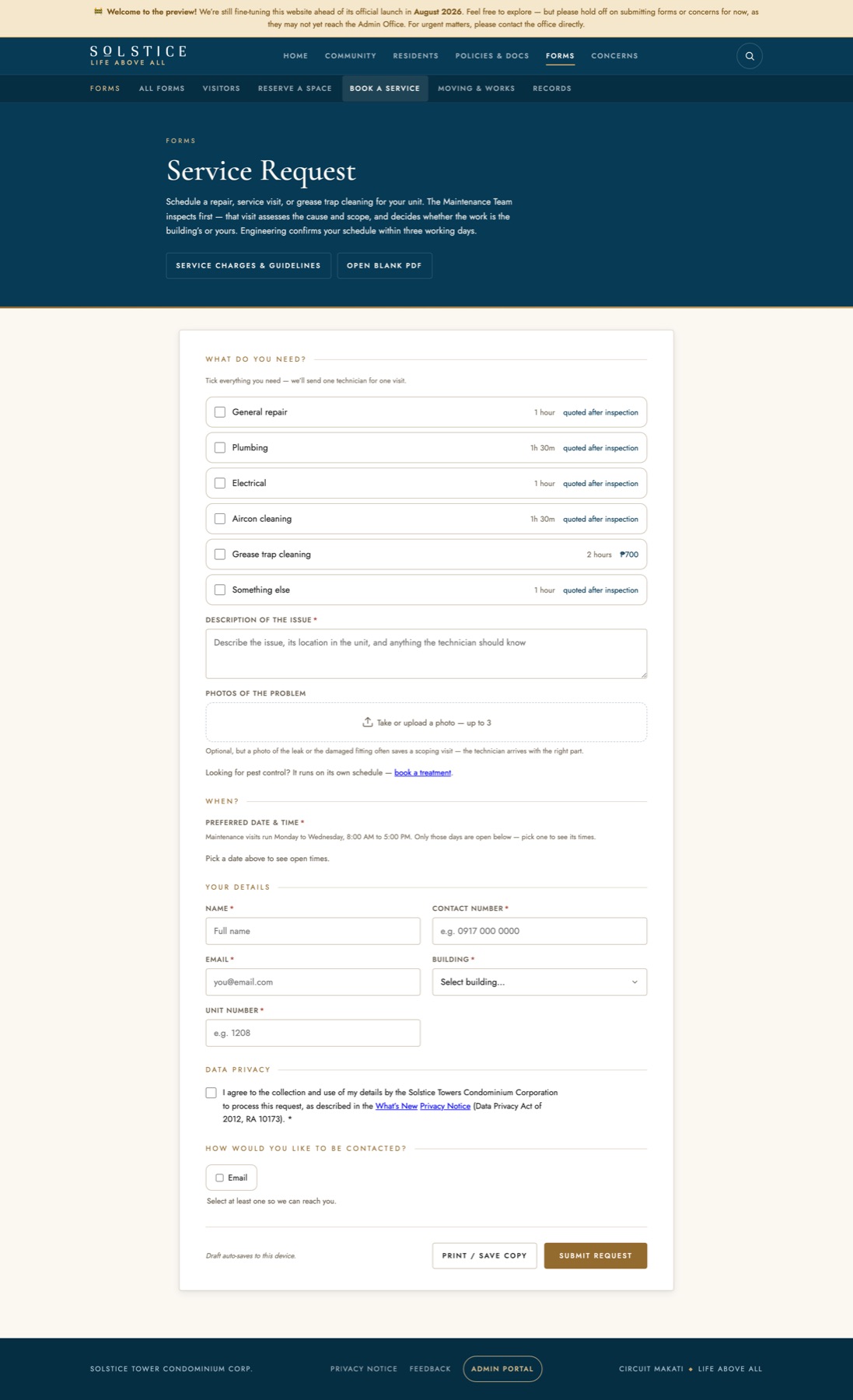 Full Solstice service request page and form