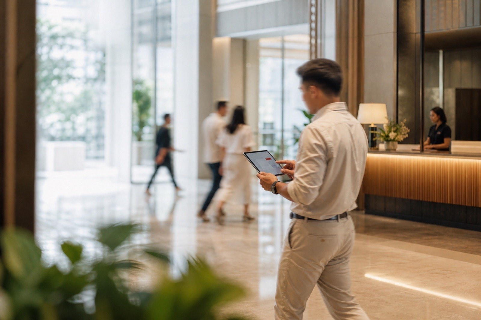 A property manager using a tablet in a bright condominium lobby